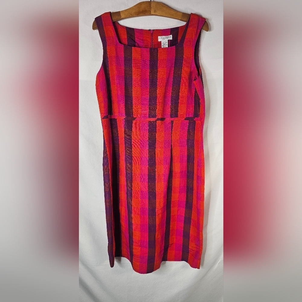 Pure and Simple Linen Sheath Dress Plaid Orange 12 Preppy Work Office Mod Retro